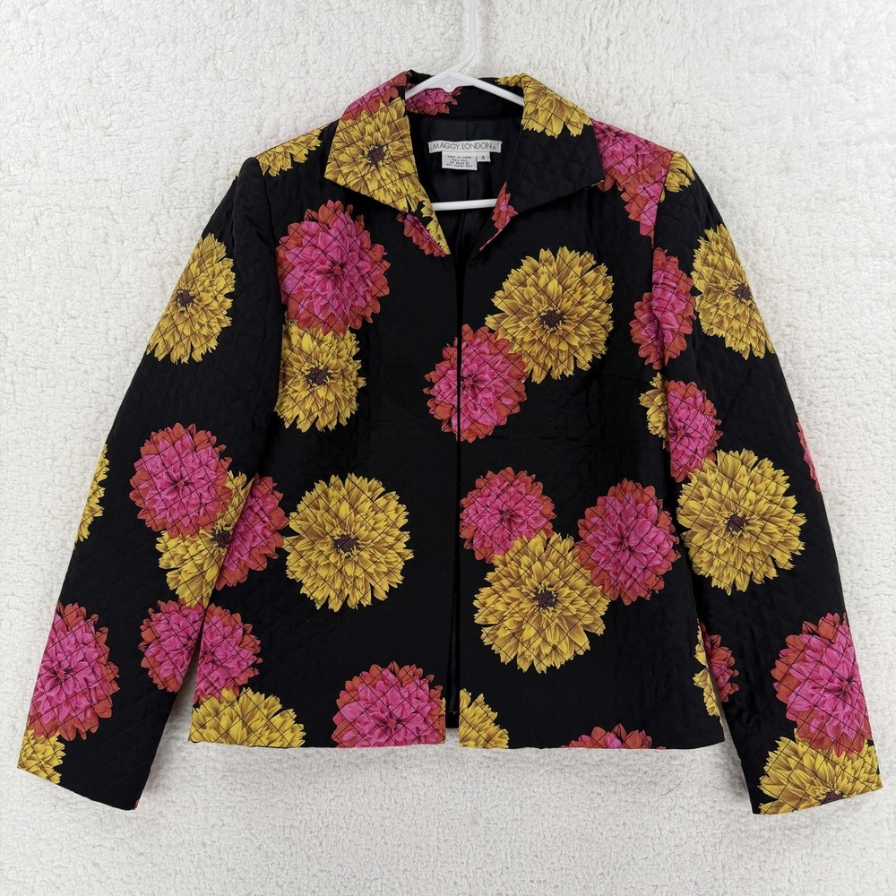 Maggy London Jacket Womens 4 Black Silk Quilted‎ Floral Print Collared Lined